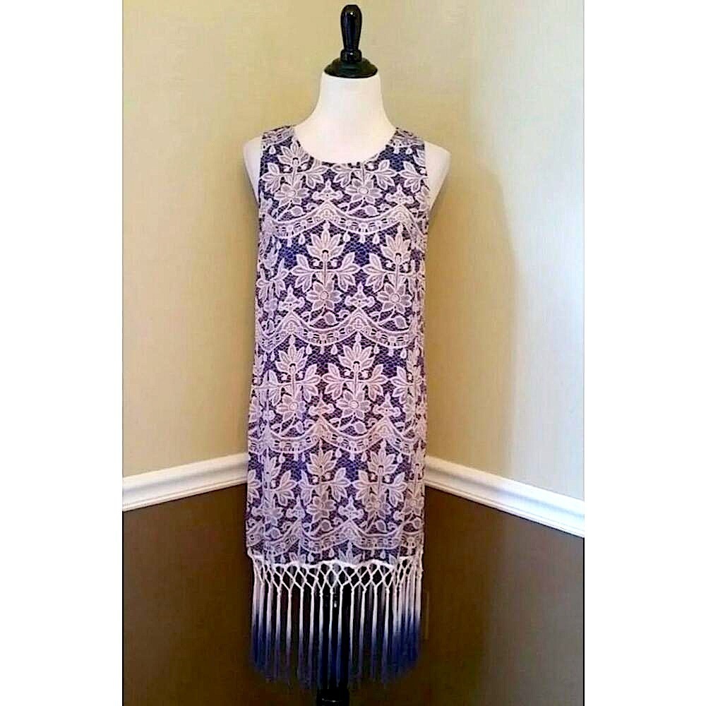 Blue & Beige Lace Print Dress Fringe Hem Sleeveless Boho by Moon from Modcloth